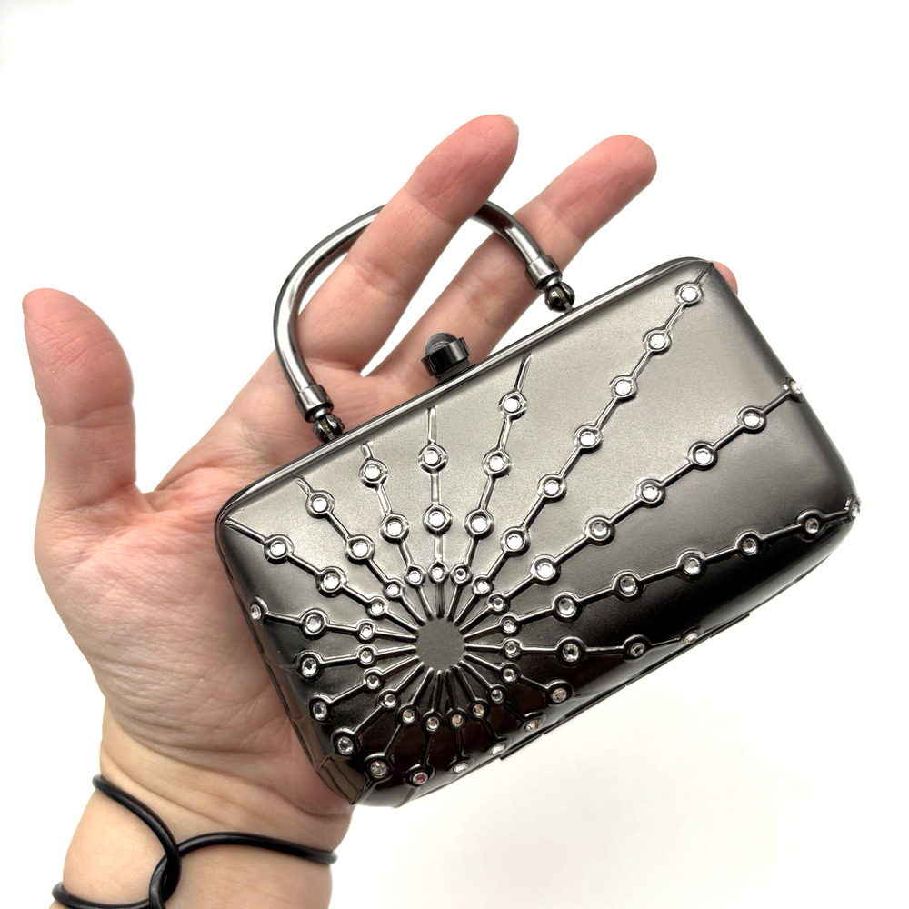 NEW Vintage Y2K Daniella Gunmetal Austrian Crystal Sunburst Micro Chain Clutch